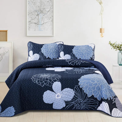 Navy Blue Floral King Quilt Set with Pillow Shams